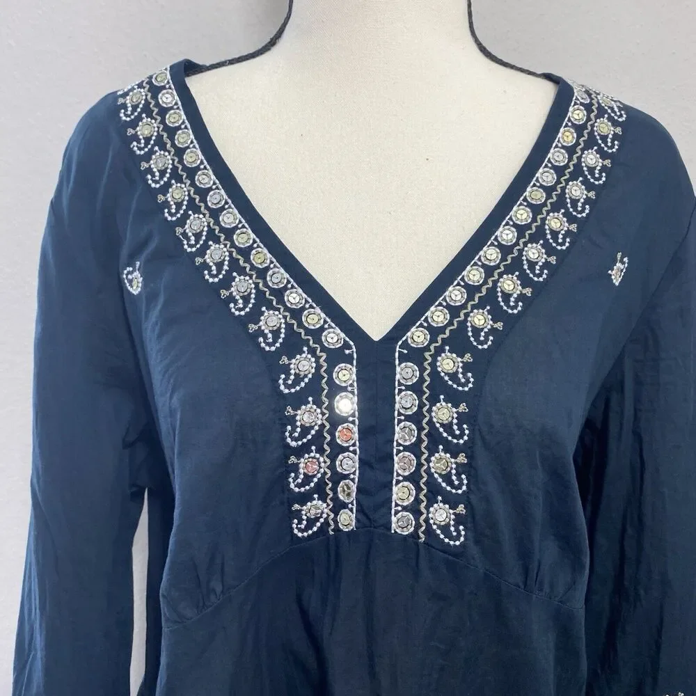 Express Womens Cotton Babydoll Bell Sleeve V Neck Sequin Top Size L Y2K Fairy - Picture 10 of 12